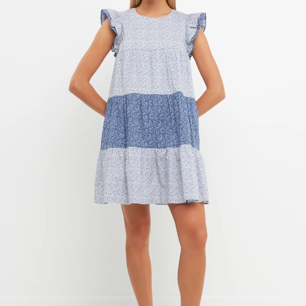 English Factory Blue and White Tiered Mini Dress